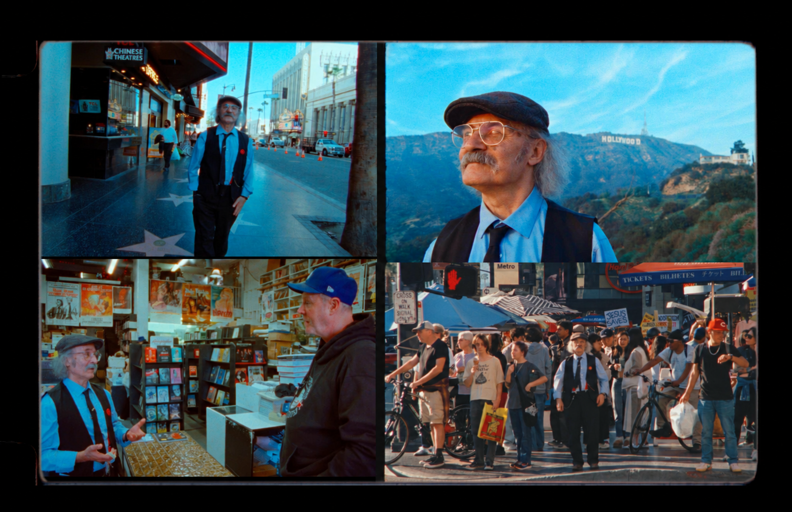 Four film-frame stills of Ümit exploring Hollywood